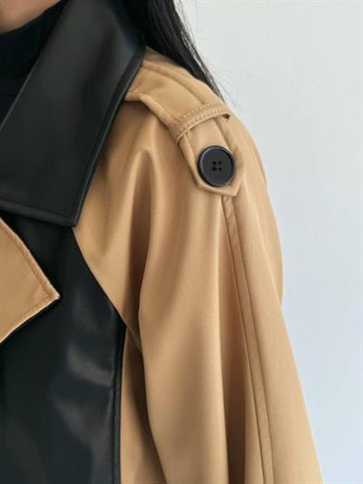 TRENCH BOYUNA DERİ PARÇALI - Bej