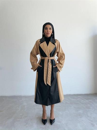 TRENCH BOYUNA DERİ PARÇALI - Bej