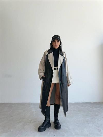 TRENCH BOYUNA DERİ PARÇALI - Taş