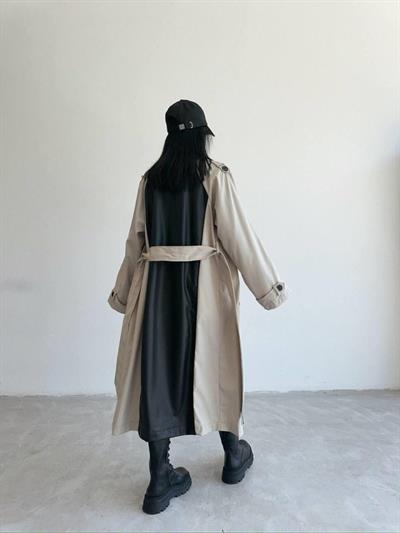TRENCH BOYUNA DERİ PARÇALI - Taş
