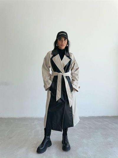 TRENCH BOYUNA DERİ PARÇALI - Taş