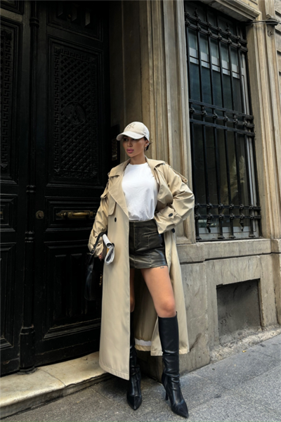 TRENCH YANDAN YIRTMAÇ DETAYLI - Bej