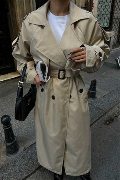 TRENCH YANDAN YIRTMAÇ DETAYLI - Bej