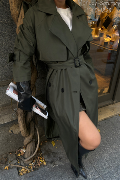 TRENCH YANDAN YIRTMAÇ DETAYLI - Haki