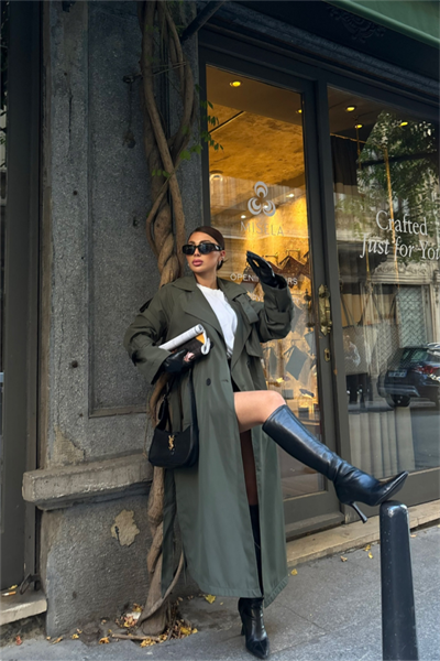 TRENCH YANDAN YIRTMAÇ DETAYLI - Haki