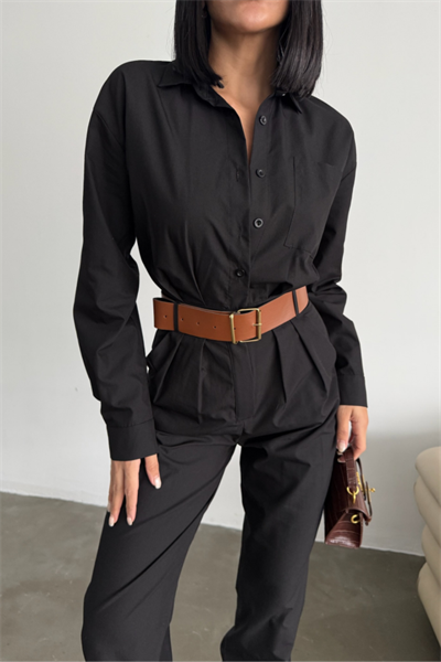 TULUM KEMERLİ GÖMLEK YAKA UZUN KOL POPLİN KUMAŞ - Siyah