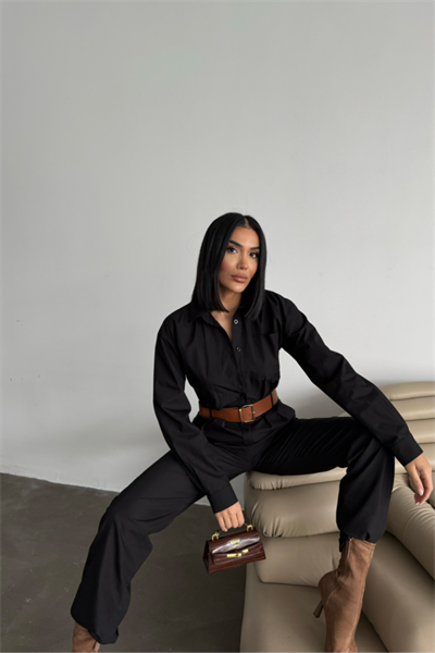 TULUM KEMERLİ GÖMLEK YAKA UZUN KOL POPLİN KUMAŞ - Siyah