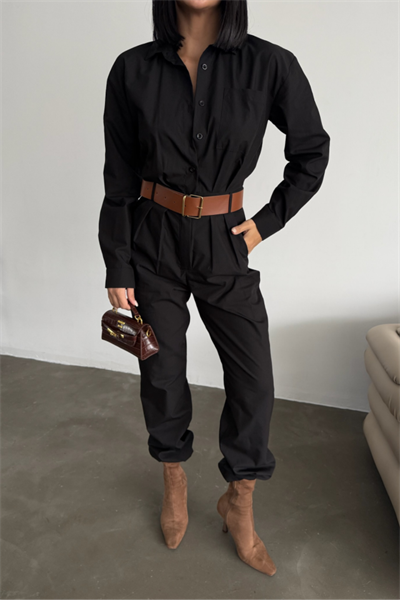 TULUM KEMERLİ GÖMLEK YAKA UZUN KOL POPLİN KUMAŞ - Siyah