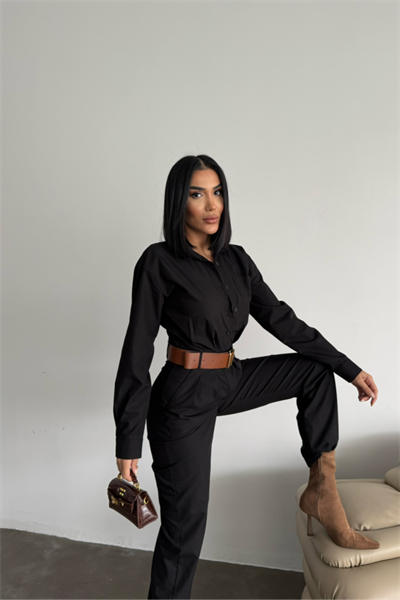 TULUM KEMERLİ GÖMLEK YAKA UZUN KOL POPLİN KUMAŞ - Siyah