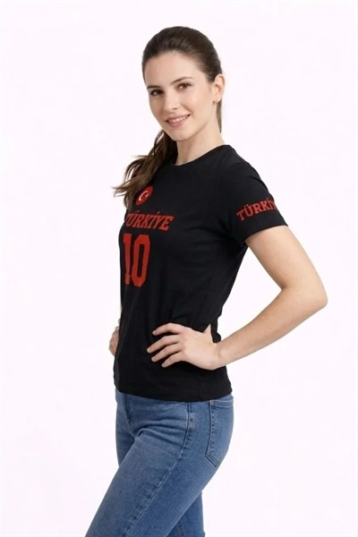 TÜRKİYE Ay Yıldız Baskılı 10 Numara Forma Tişört Taraftar T-Shirt - Siyah