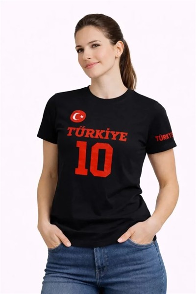 TÜRKİYE Ay Yıldız Baskılı 10 Numara Forma Tişört Taraftar T-Shirt - Siyah