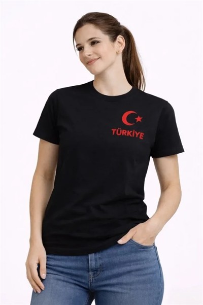 TÜRKİYE Ay Yıldız Baskılı Taraftar Forma T-Shirt - Siyah