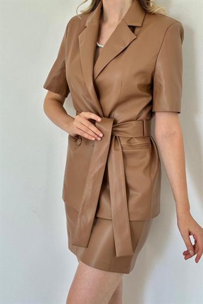 Taba Deri Ceket Ve Etek Takım