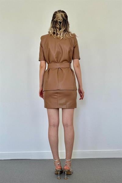 Taba Deri Ceket Ve Etek Takım