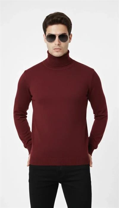 Tam Boğazlı Balıkcı Yaka Triko Kazak Yumuşak Dokulu Pamuklu Ince Dokuma, Uzun Kollu Rahat Regular Kalıp - Bordo