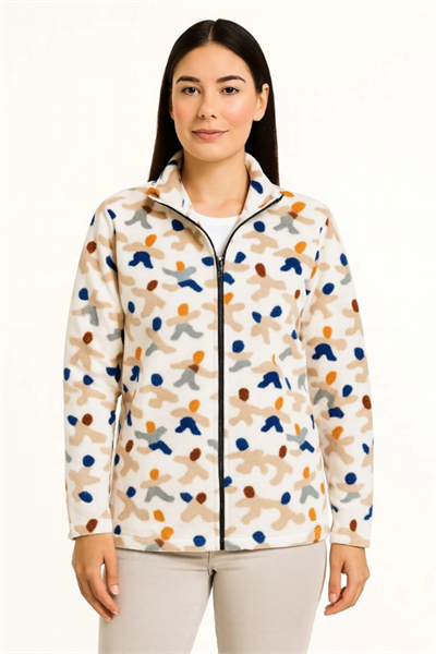 Tam Fermuarlı Desenli Polar Sweat – Siyah Multicolor Figür Desen Yakalı, Uzun Kollu, Oversize Rahat Kalıp - Beyaz