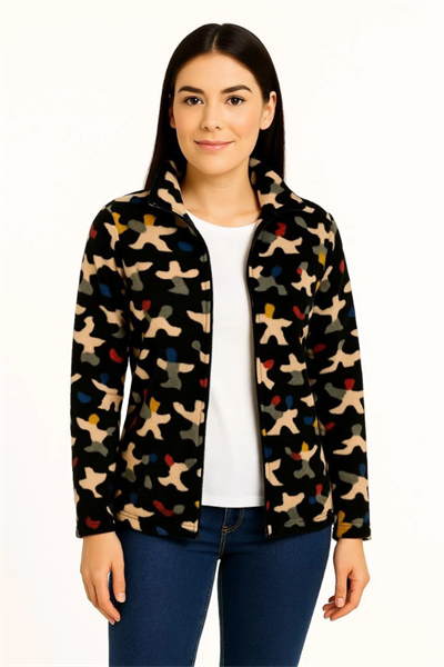 Tam Fermuarlı Desenli Polar Sweat – Siyah Multicolor Figür Desen Yakalı, Uzun Kollu, Oversize Rahat Kalıp - Siyah