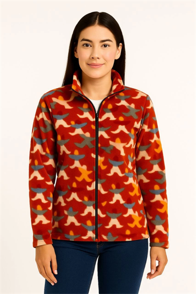 Tam Fermuarlı Desenli Polar Sweat – Siyah Multicolor Figür Desen Yakalı, Uzun Kollu, Oversize Rahat Kalıp - Kiremit