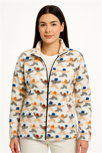 Tam Fermuarlı Desenli Polar Sweat – Siyah Multicolor Figür Desen Yakalı, Uzun Kollu, Oversize Rahat Kalıp - Beyaz