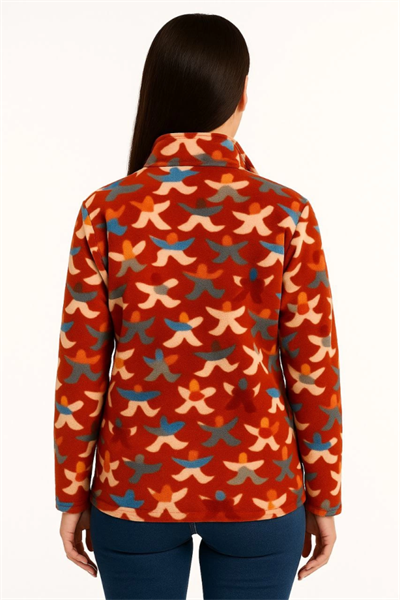 Tam Fermuarlı Desenli Polar Sweat – Siyah Multicolor Figür Desen Yakalı, Uzun Kollu, Oversize Rahat Kalıp - Kiremit