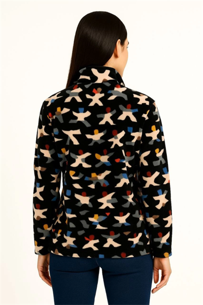 Tam Fermuarlı Desenli Polar Sweat – Siyah Multicolor Figür Desen Yakalı, Uzun Kollu, Oversize Rahat Kalıp - Siyah