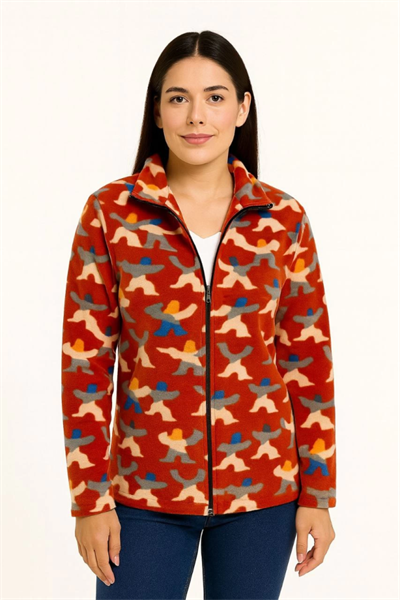 Tam Fermuarlı Desenli Polar Sweat – Siyah Multicolor Figür Desen Yakalı, Uzun Kollu, Oversize Rahat Kalıp - Kiremit