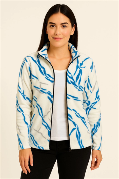 Tam Fermuarlı Desenli Polar Sweat Lightning Desen Yakalı, Uzun Kollu, Oversize Rahat Kalıp - Beyaz