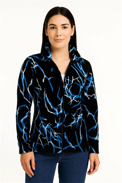 Tam Fermuarlı Desenli Polar Sweat Lightning Desen Yakalı, Uzun Kollu, Oversize Rahat Kalıp - Siyah