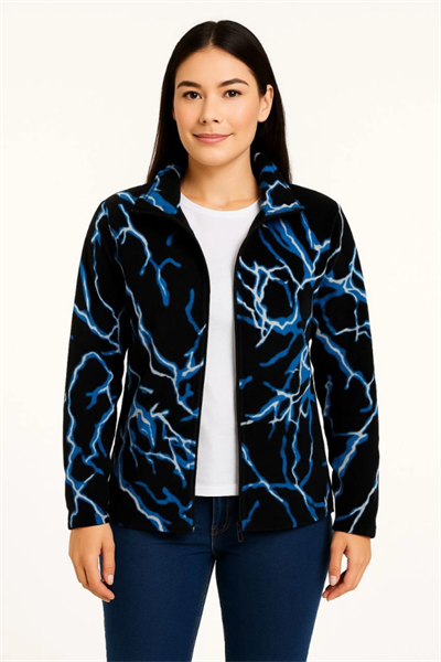 Tam Fermuarlı Desenli Polar Sweat Lightning Desen Yakalı, Uzun Kollu, Oversize Rahat Kalıp - Siyah