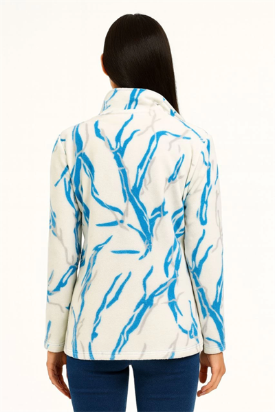 Tam Fermuarlı Desenli Polar Sweat Lightning Desen Yakalı, Uzun Kollu, Oversize Rahat Kalıp - Beyaz