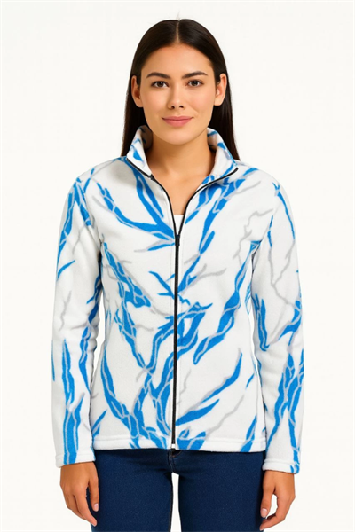 Tam Fermuarlı Desenli Polar Sweat Lightning Desen Yakalı, Uzun Kollu, Oversize Rahat Kalıp - Beyaz