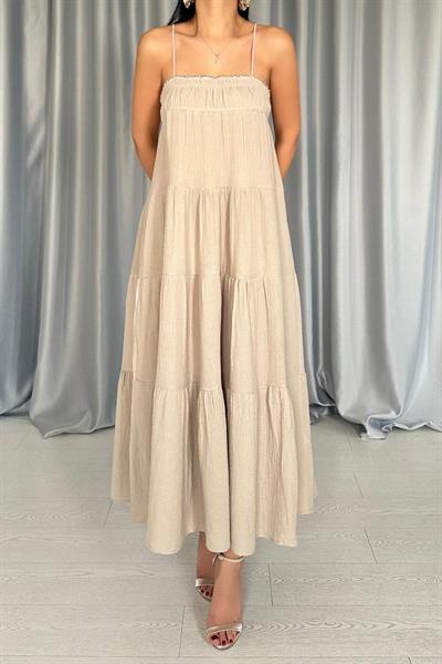 Taş Askılı Parçalı Müslin Elbise