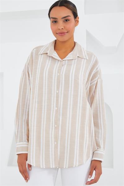 Taş Beyaz Çizgili Oversize Keten Gömlek 20251