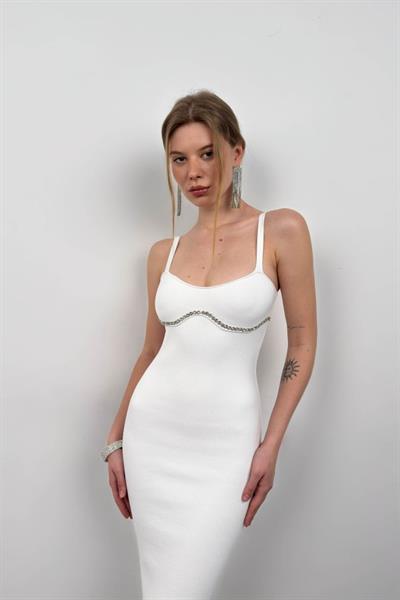 Taş Detay Dokulu Elbise