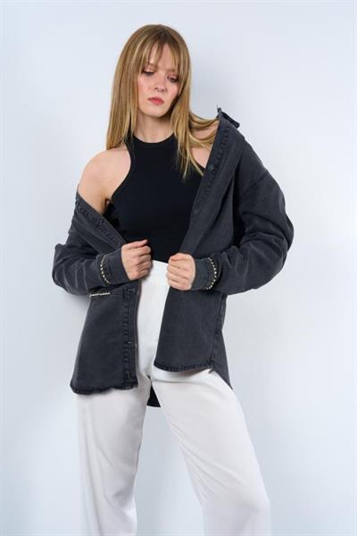 Taş Detaylı Cepli Gömlek - Siyah