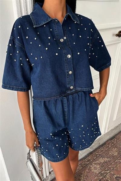 Taş Detaylı Gömlek Şort Denim Takım 10175