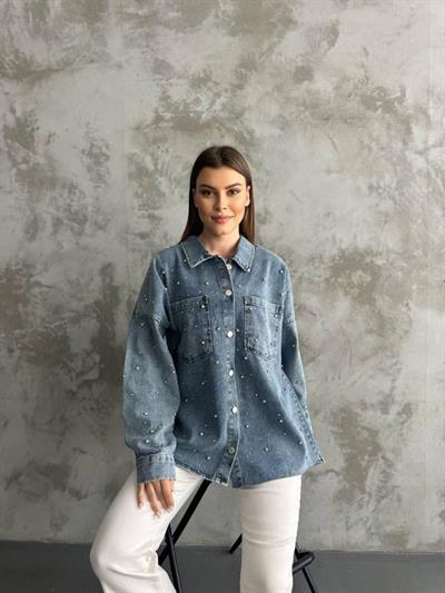 Taş İşlemeli Dökümlü Kot Gömlek