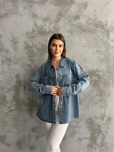 Taş İşlemeli Dökümlü Kot Gömlek