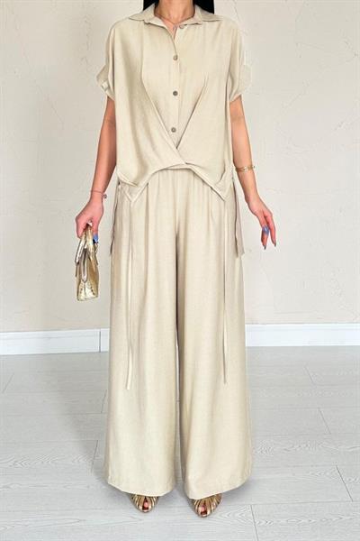 Taş Önü Pileli İkili Keten Takım