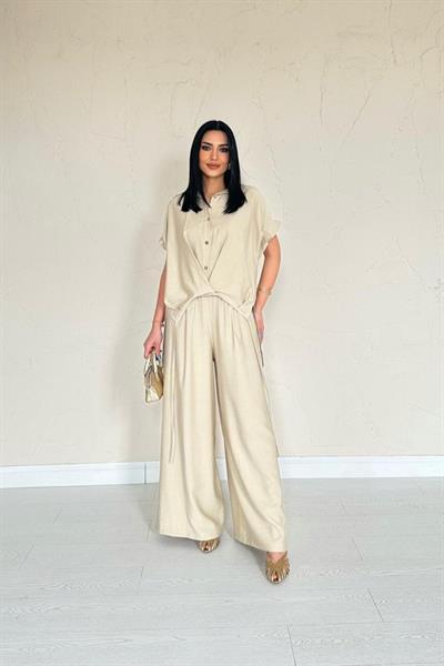 Taş Önü Pileli İkili Keten Takım