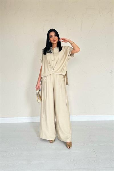 Taş Önü Pileli İkili Keten Takım