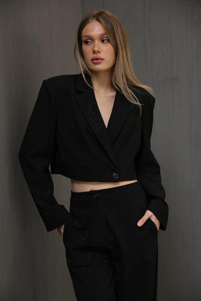 Taşlı Crop Ceket - Siyah