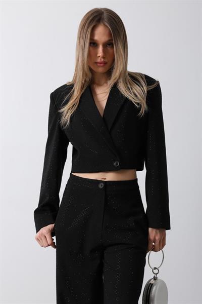 Taşlı Crop Ceket - Siyah