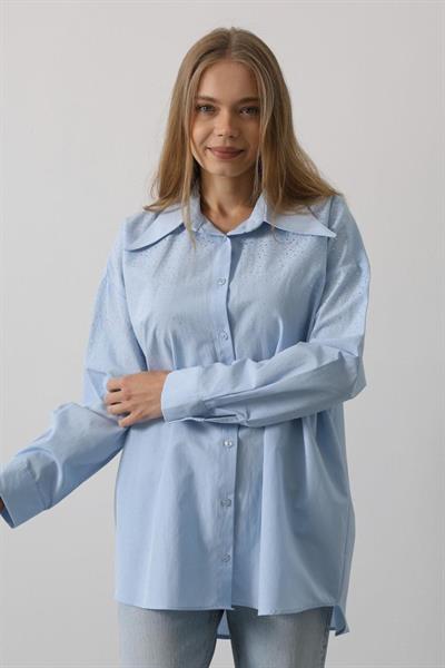 Taşlı Sivri Yaka Gömlek - Bebe Mavisi