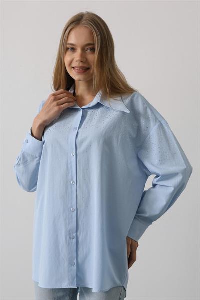 Taşlı Sivri Yaka Gömlek - Bebe Mavisi
