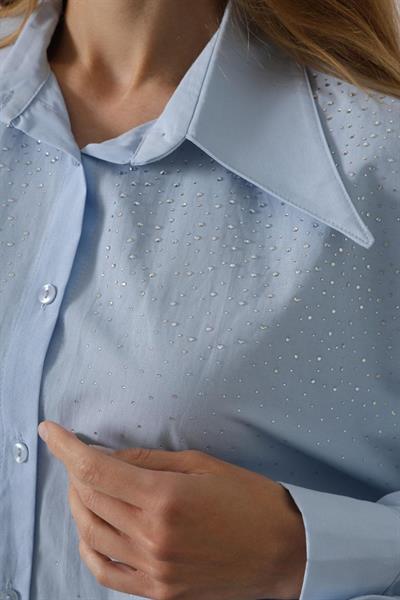 Taşlı Sivri Yaka Gömlek - Bebe Mavisi