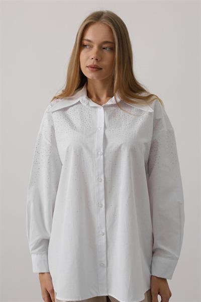 Taşlı Sivri Yaka Gömlek - Beyaz