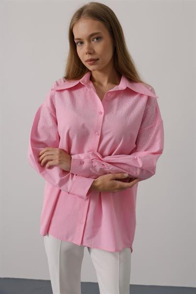 Taşlı Sivri Yaka Gömlek - Pembe