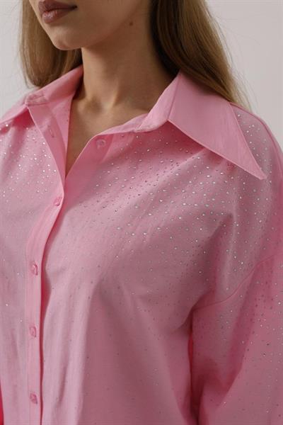Taşlı Sivri Yaka Gömlek - Pembe