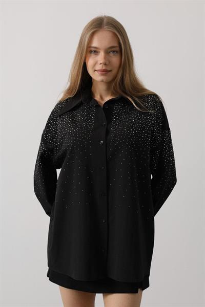 Taşlı Sivri Yaka Gömlek - Siyah